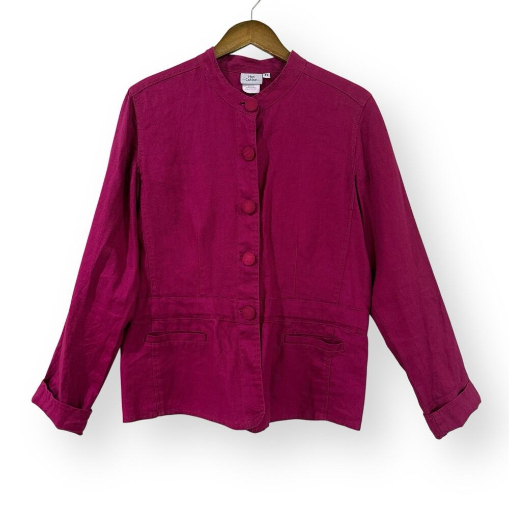 Hot Cotton Magenta Pink 100% Linen Blazer M Lightweight Summer Jacket Barbiecore